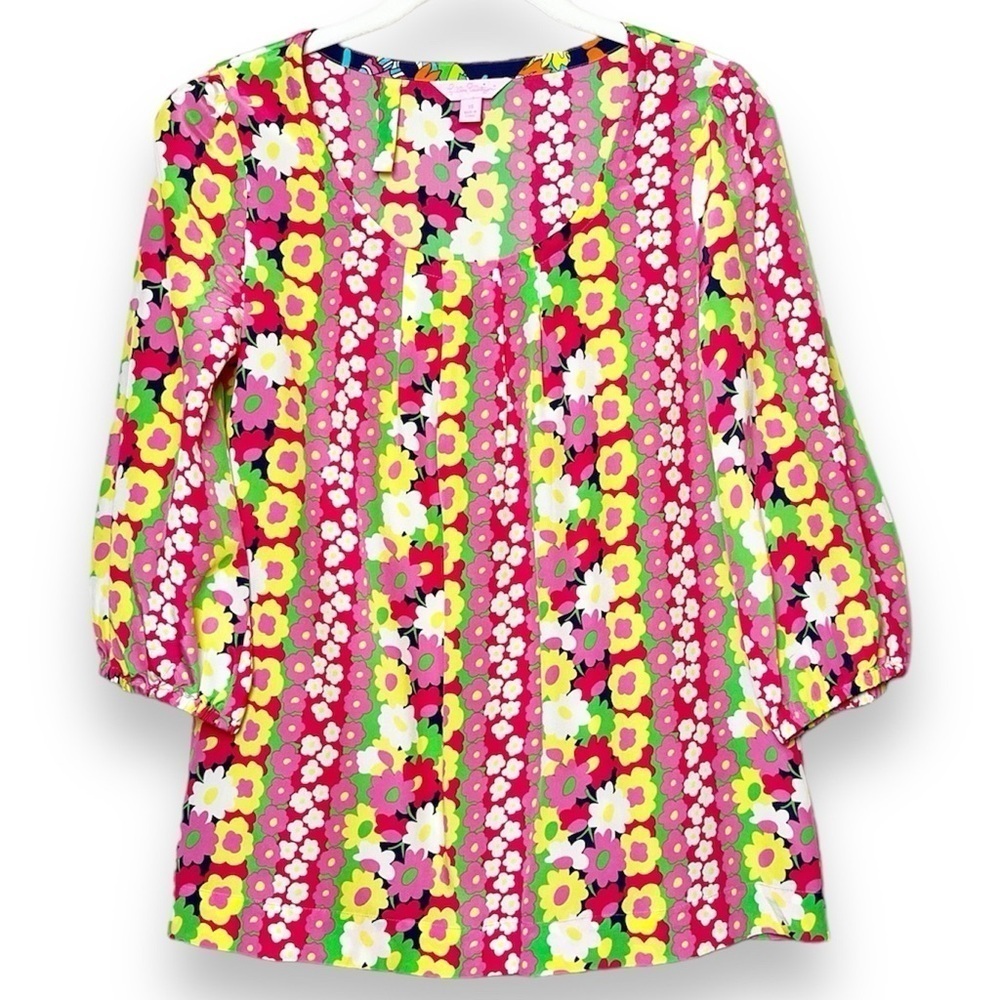 Lilly Pulitzer 100% silk floral blouse XS top bright‎ colorful flowy flowers